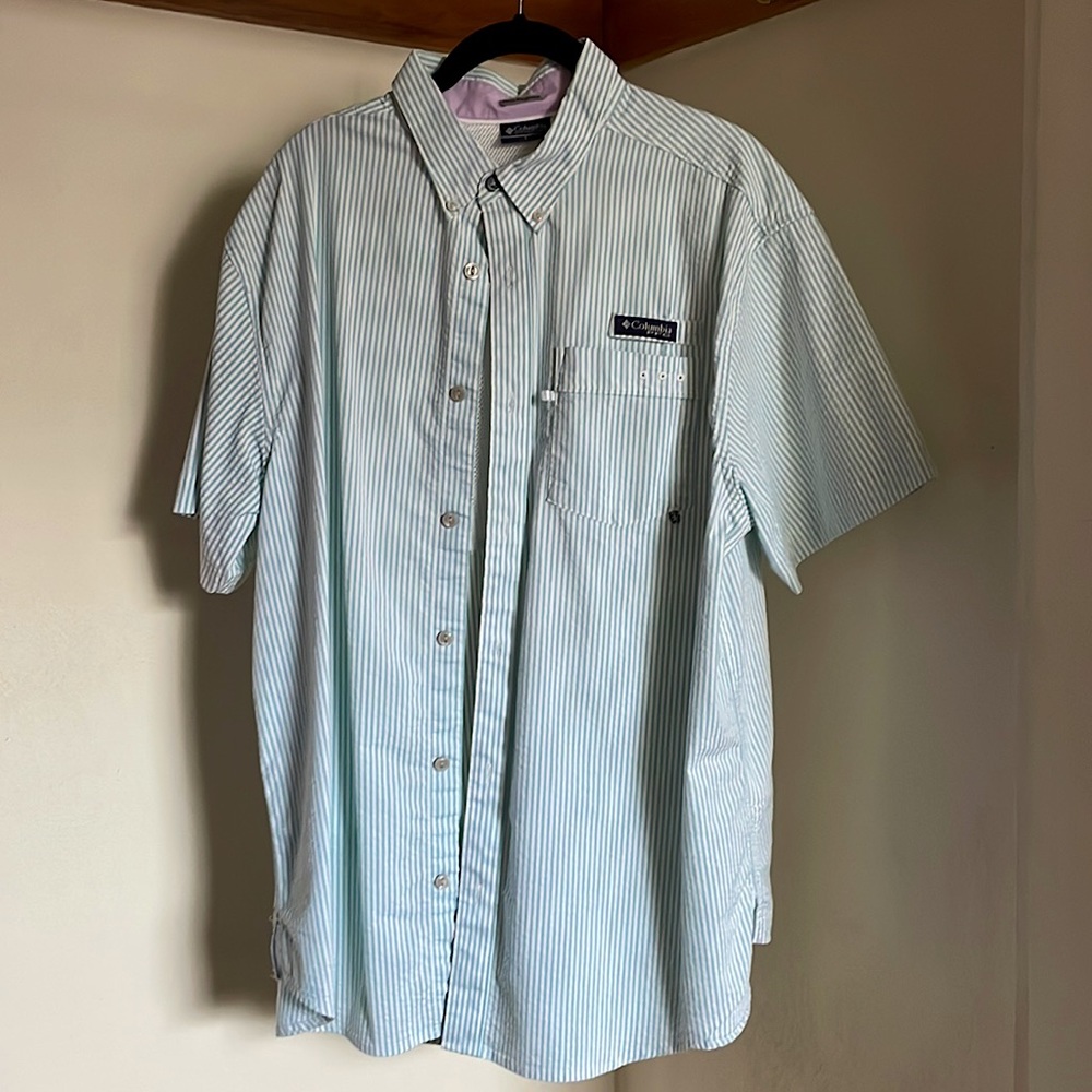Columbia PFG Short-Sleeve Button Down, Blue Pinstripe - Size L